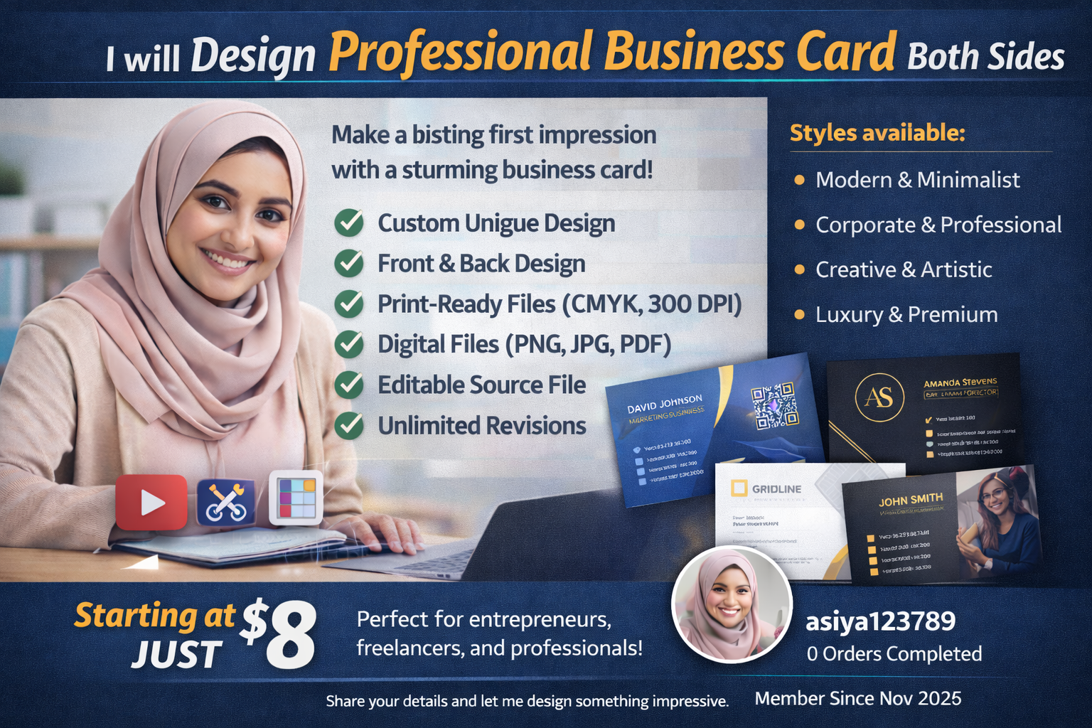I will design professional business card both sides