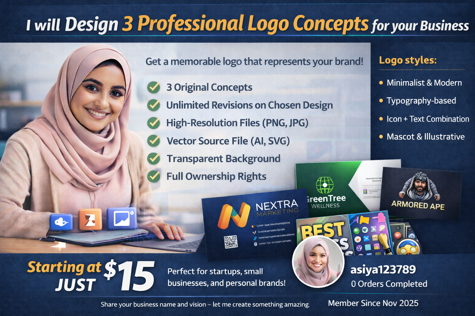 I will design 3 professional logo concepts for your business